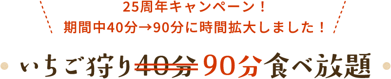 25周年キャンペーン！ 期間中40分→90分に時間拡大しました！ いちご狩り90分食べ放題