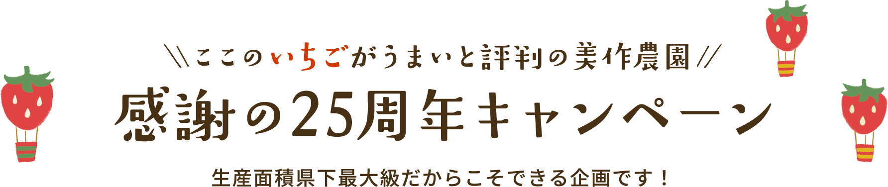 ここのいちごがうまいと評判の美作農園感謝の25周年キャンペーン｜生産面積県下最大級だからこそできる企画です！